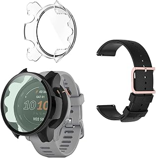 Watch Case Compatible for Garmin Forerunner 255/ 255 Music, with Screen Protector [Tempered Glass] Anti-Scratch High Definition Full Coverage and Soft Silicone Replacement Band, black