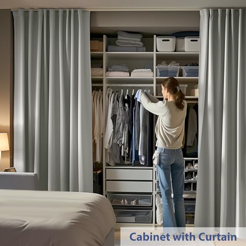 Image of Room Divider Ceiling Mounted Curtains Track Sets Extra Wide Blackout Curtain Flexible Tracks for Bedroom Privacy Partition Separator, 1 Panel Light Grey Drape and White Rail, W15 x H9ft
