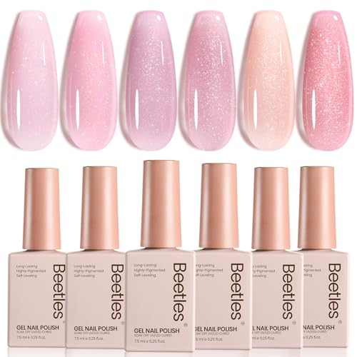 Image of Beetles Pink Glitter Gel Polish Set, 6 Colors Jelly Gel Polish Kit | Shimmer Sheer Translucent Effect Soak off UV Nail Concealer Nail Art Salon Manicure Gift for Women