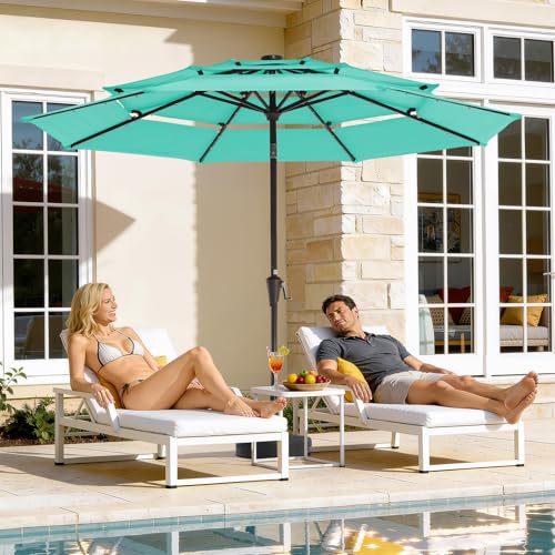 Image of JEAREY 3 Tiers Patio Umbrella with Solar Lights 9ft Outdoor Market Table Umbrellas with Push Button Tilt for Outside Pool Garden, Peacock Blue