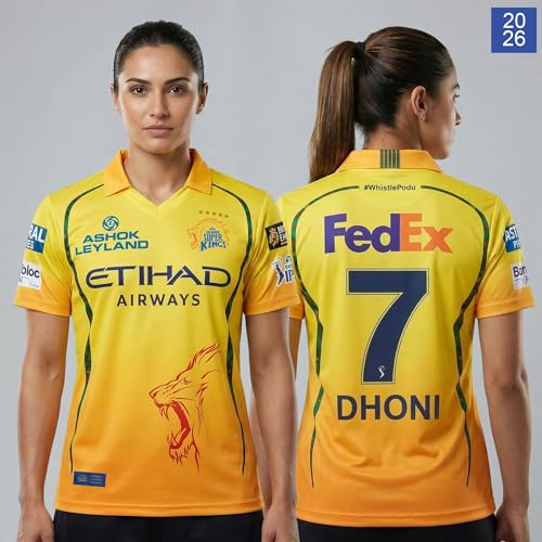 Image of playR x Chennai Super Kings Original Fan Jersey IPL 2026 - Adult Dhoni 7 Half Sleeve CSK Cricket T-Shirt, Regular Fit Sportswear Tee for Training, Outdoor & Match Day Activewear for All Season