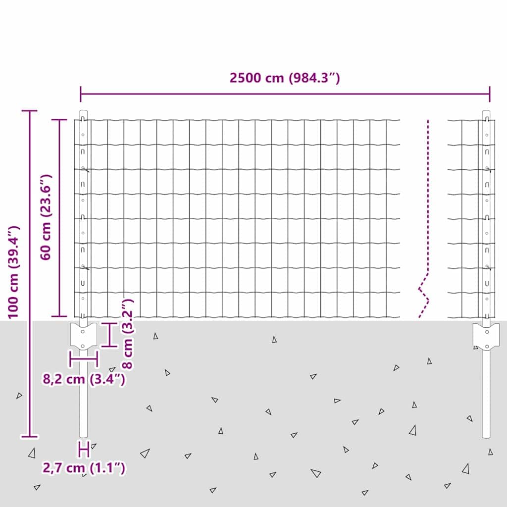 vidaXL Ogrodzenie z słupkiem Szary 0,6 x 25 m Stal i PVC, Regulowane zewnętrzne ogrodzenie, nowoczesny parawan, trwały dzielnik przestrzeni w ogrodzie