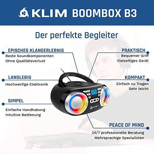 KLIM B3 Tragbarer CD Player - NEU 2023 - FM Radio, CD, MP3, Bluetooth, AUX, USB, RGB LED - CD Boombox - Kabel… - Image 3