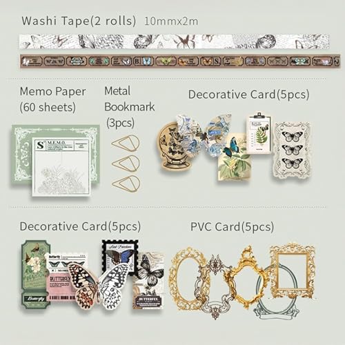 Image of VIBE VISTA Vintage Aesthetic Scrapbook Kit, 346 Pcs, A6 Grid Notebook, Washi, Envelopes, Scrapbook Papers, Folding Labels, Background Papers, Photo Frames, Calendar Stickers, Stickers (Forest Legend)