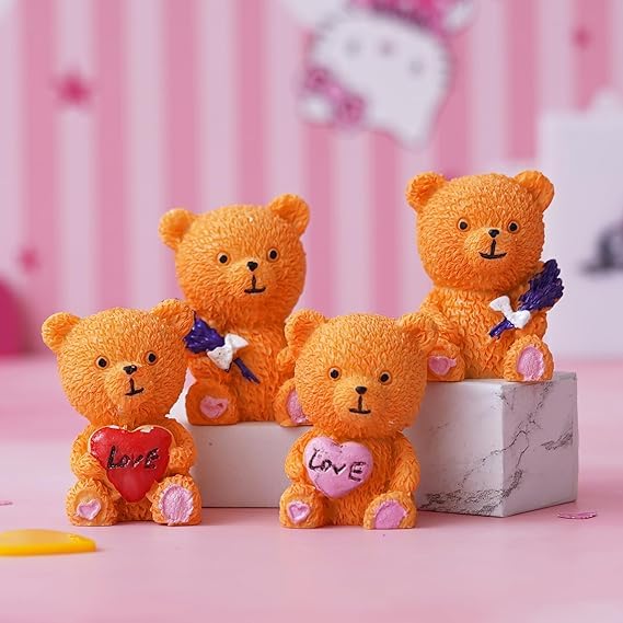 4 ours en peluche mignons en polyrésine avec cœur et fleurs, figurines de décoration pour couple