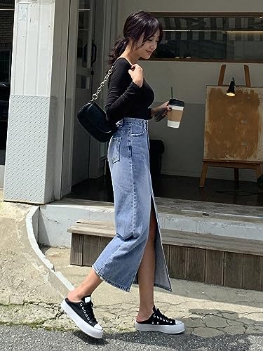 Image of Leriya Fashion Denim Skirt for Woman | Midi Skirt for Women with Front Slit Straight Fit Western Streetwear | Jeans Skirts Fors Women, College Outfit Womens Everyday Styling
