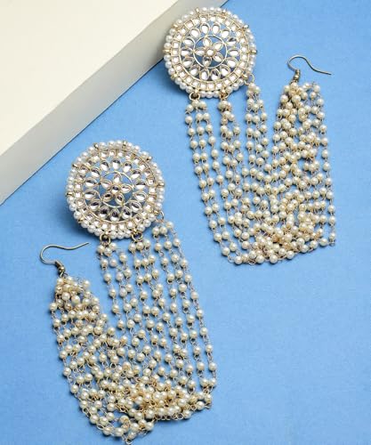 Image of Karatcart Gold Plated Pearl Chain Kundan Kaanchain Earrings for Women