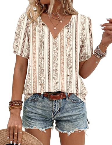 LOMON Women's Bohemian Puff Sleeve Top V-Neck Loose Casual Shirt Flowy Summer Boho Blouse Beach Vacation (Coffee Flower Stripe,M)