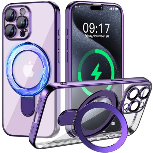 Image of Magnetic for iPhone 15 Pro Max Case with Invisible Stand[Compatible with MagSafe][Full Camera Lens Protector][Military Drop Protection] Shockproof Not Yellowing Clear Slim Soft for Women Men