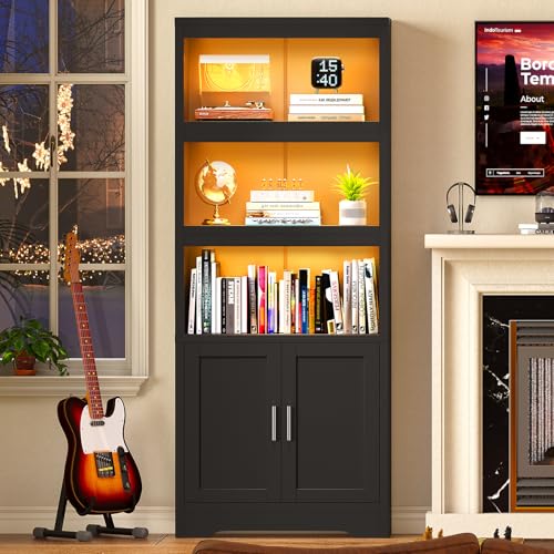 Image of Book Shelf and Bookcase with Doors, 5-Tier Display Storage Cabinet with Adjustable Shelves, Open Compartments, Remote Control LED Lights, Tall cabinet for Bathroom Kitchen Living Room, Home Office