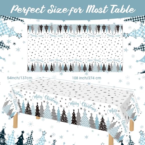 Ganeen 3 Pcs Christmas Tablecloth Disposable Plastic Merry Christmas Trees Table Cloth Snowflakes Star Buffalo Plaid Blue Rectangle Table Cover Waterproof for Xmas Winter Party Decor, 54 x 108 Inch – Image 3