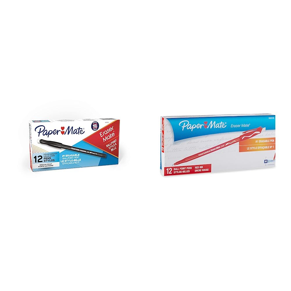 Paper Mate EraserMate Erasable Pen, Medium Point, Black, Box of 12 & EraserMate Erasable Pen, Medium Point, Red, Box of 12
