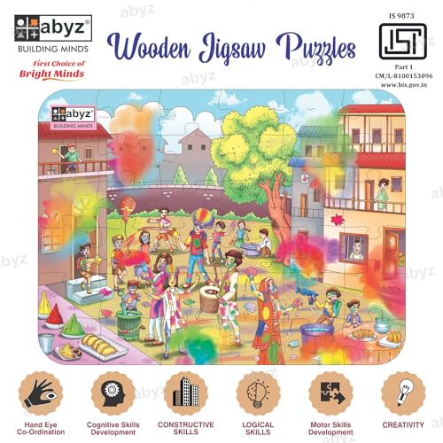 Image of ABYZ Wooden Jigsaw Puzzle - Holi Playset for Fun Educational & Little Explorers, 36-Pieces Fun Games with Multicolor | Birthday Gift for (4-6 Years) Age Kids.