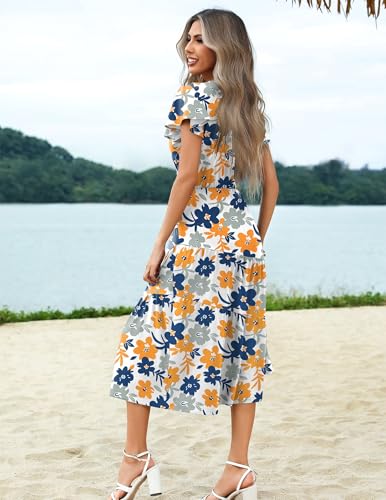 Image of Zeagoo Women's Summer Casual Dress Flutter Short Sleeve V Neck Button Down Tiered Flowy Long Dress with Pockets