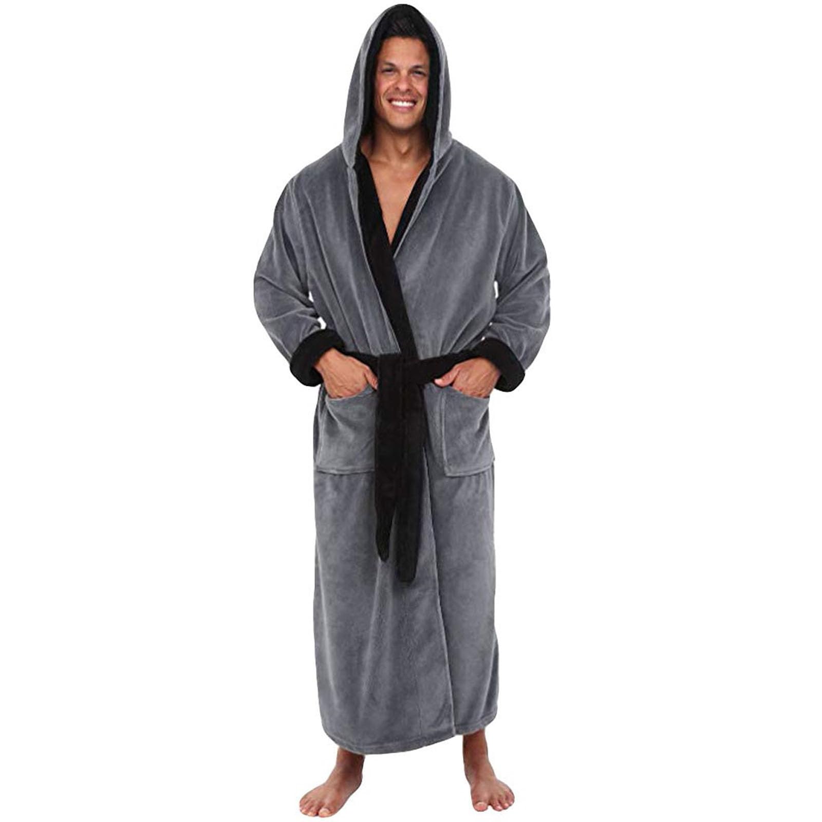 Mens Soft Plus Size Long Plush Robes Winter Warm Hooded Fleece Fuzzy Bathrobes With Pockets Casual Belted Housecoats
