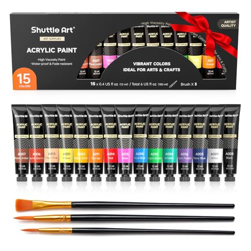 Shuttle Art Acrylic Paint Set, 15 x 12ml Tubes Artist Quality Non Toxic Rich Pigments Colors Perfect for Kids Adults Beginners Artists Painting on Canvas Wood Clay Fabric Ceramic Crafts
