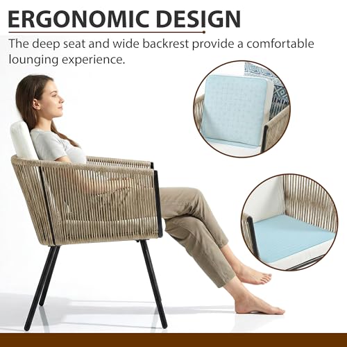 Image of BRISHI Garden Patio Seating Chair and Table Set Outdoor Balcony Garden Coffee Table Set Furniture with 1 Table and 2 Chairs Set Braid & Rope (Beige), 58 cm, 64 cm