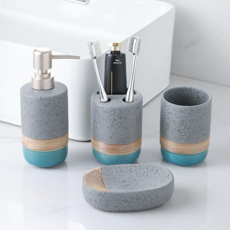 Image of The Better Home 4pcs Ceramic Bathroom Set | Soap Dispenser (380ML), 2 Toothbrush Holders & Soap Holder for Bathroom | Bathroom Accessories Items | Liquid Soap Dispenser for Bathroom