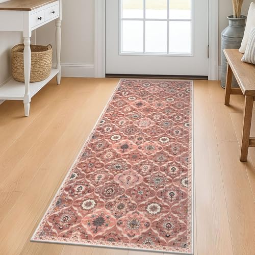 KILOCOCO 2x5 Runner Rug, Moroccan Super Soft Washable Hallway Entryway Runner Rug, Accent Print Faux Wool Kitchen Runner Rug 5 Feet Non-Slip Runners Boho Rug Runners for Bedroom, Terracotta