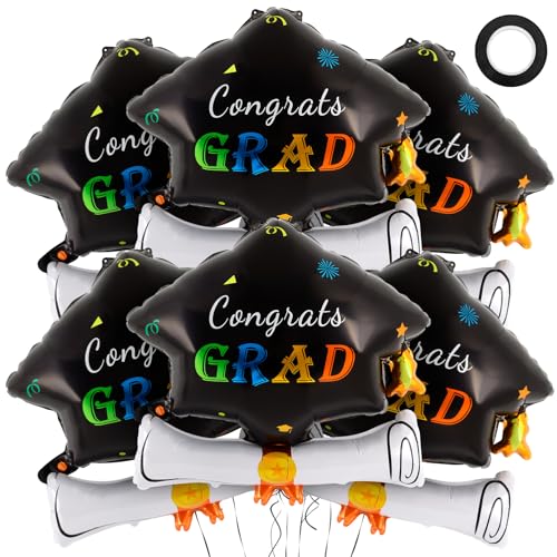 Image of 6 Pcs Graduation Cap Diploma Balloons, Large Academic Cap Shaped Black Mylar Graduation Foil Balloons, Grad Hat balloons for 2026 Graduation Party Decorations