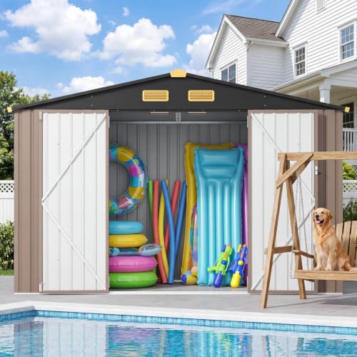 Image of IRONCK Storage Shed, 9.7 x 7.7 FT Tool Shed with Lockable Doors, Brown