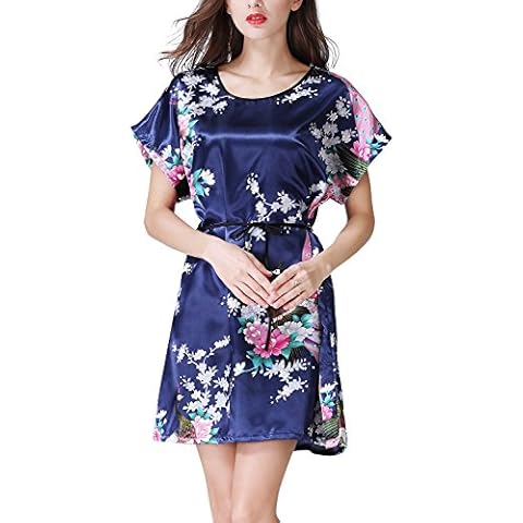 Dolamen Women's Nightgowns Nightdress Nightshirt, Ladies Dressing Gown, Silk Satin Peacock & Blossoms Bridesmaid Short Sleeve Nightwear Pyjamas, Bust 112cm, 44.09 inch (One Size, DarkBlue) Cover