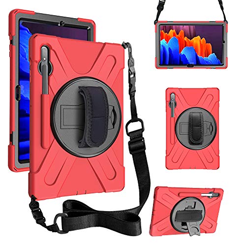 Junfire Hülle für Galaxy Tab S7 Plus,2020.12.4 Zoll(SM-T970/T975/T9766) Heavy Duty Schutzhülle,Robust,Stoßfest,Robust,mit Stifthalter und Schultergurt und Handgurt, 360 Drehbarer Ständer,Rot