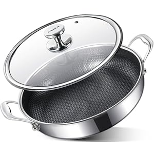 316L Stainless Steel Frying Pan-12.5inch Hex Nonstick Wok with Lid, Two Handle Hold, PFOA Free, Dishwasher Oven Safe, Cookware for Stir fry/Toast/Roast/Bake/Stew, 6 Quart