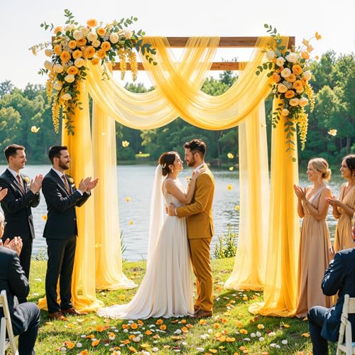 Image of Wedding Arch Draping Fabric, 2 Panels 30 inch x 20Ft Yellow Sheer Curtain Drapes Extra Wide & Long Backdrop Curtains for Bridal Shower Backdrop Outdoor Party Arches Church Ceremony Decoration