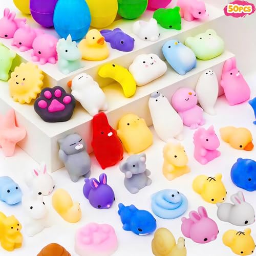 50 Mochi Squishy Toy Prefilled Easter Eggs, Stress Relief Squishies Toy for Easter Theme Party Favor, Easter Eggs Hunt, Easter Basket Egg Fillers, Classroom Prize Supplies, Goodie Bag Stuffers