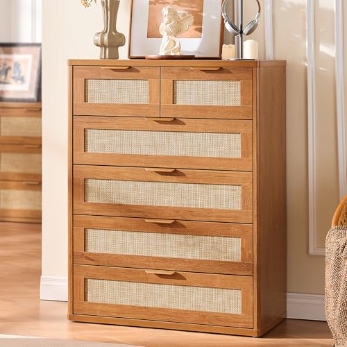Image of LEYAOYAO Rattan Dresser for Bedroom Set of 2, 41 inch Tall Chest of Drawers, Modern 6 Drawers Boho Dressers with Storage, Vintage Brown Dresser Wooden Closet Organizer for Living Room, Hallway