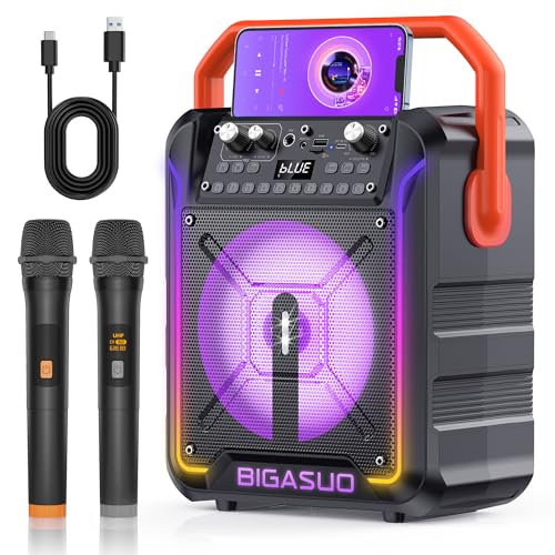 BIGASUO Portable Karaoke Machine with Two Wireless UFH Microphones, Bluetooth Karaoke Speaker for Adults&Kids with PA Singing System LED Lights Effect, Supports TF Card/USB