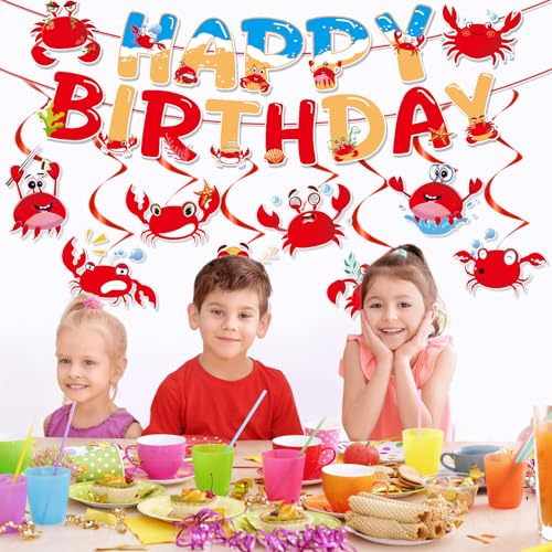 Image of Crab Themed Party Decorations - 10PCS Crab Boil Party Supplies Happy Birthday Banner Hanging Swirls Seafood Boil Birthday Decoration Funny Sea Animals Ocean Baby Shower Decor Supplies
