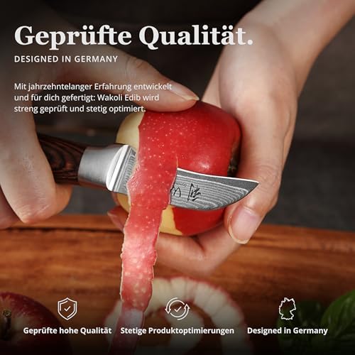 Foto von Wakoli EDIB Schälmesser aus echtem Damaststahl (VG10 Kern) mit 6 cm gebogener Klinge – Scharf & handlich – Damastmesser mit Pakkaholzgriff in Geschenkbox – Tourniermesser für Obst & Gemüse