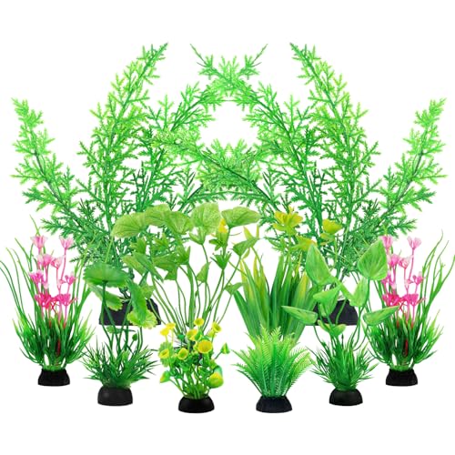 QUOZUO Fish Tank Accessories Green Plants, 10pcs Green Aquarium Decorations, Fish Tank Decor Plastic Plants