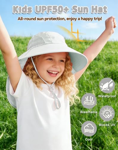 Image of Rosoz Kids Sun Hat with Neck Flap UV Protection Summer Toddler Beach Hat Unisex Ponytail Hat Wide Brim Fishing Hat