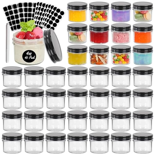 EkkoVla 40 Pack 4 oz Glass Jars with Black Lids, Regular Mouth Mini Mason Jar, Canning Jars for Honey, Jam, Jelly, Wedding Favor, Shower Favor, Body Butters, Spice