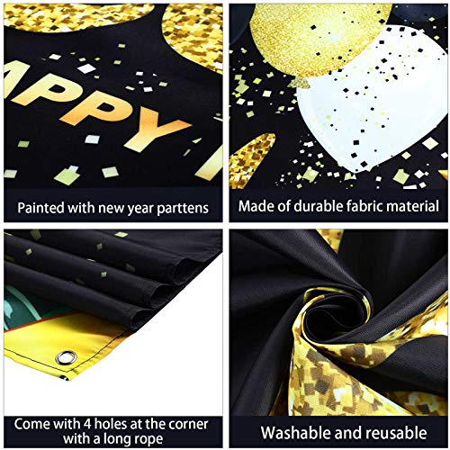 2021 Happy New Year Photograph Backdrop Decoration Black and Gold Happy New Year\'s Eve Banner Fabric New Year Background with Glitter Balloon Star for New Year Party Celebration, 72.8 x 43.3 Inch