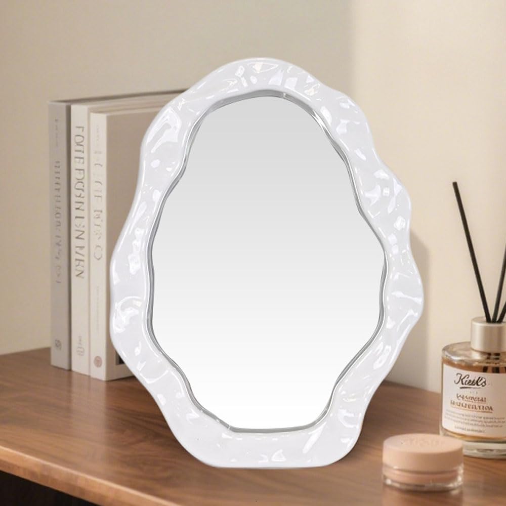 Hosoncovy Desktop Mirror with Stand Irregular Shaped Countertop Makeup Vanity Cosmetic Mirror Decorative Wall Hanging Mirror for Bedroom Bathroom (White)