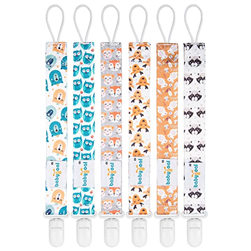 Image of babygoal Animal Pacifier Clips, 6 Pack Binky Paci Holder Clips Leashes Fits for Most Baby Pacifiers and Binkies
