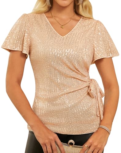 GRACE KARIN Womens Dressy Sequin Tops Ruffle Sleeve Sparkly Blouses, 2025 V Neck Glitter Shirt, Champagne M