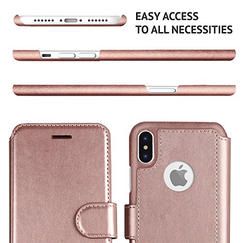LUPA iPhone X Wallet Case-Slim & Lightweight iPhone X Flip Case with Credit Card Holder - iPhone 10 Wallet Case for Women & Men - Faux Leather iPhone Xs Purse Cases – Wristlet Rose Gold