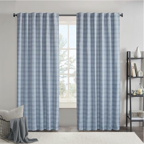 Image of Madison Park Anaheim Cabin Plaid Curtain Window, Thermal Insulated Fleece Lining, Living Room Decor Room Darkening Drape for Bedroom, 1-Single Panel Pack, 50x95, Rod Pocket & Back Tab, Denim Blue
