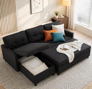 Sleeper Sofa Couch, Oversized Pull Out Couch Bed with Storage Chaise, Sectional Sleeper Sofa Bed for Living Room Black, Single