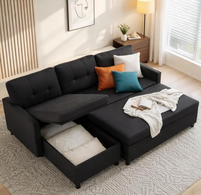 YI DANICA Sleeper Sofa Couch, Oversized Pull Out Couch Bed with Storage Chaise, Sectional Sleeper Sofa Bed for Living Room (Black, Single)