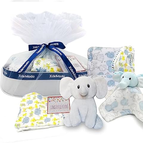 Baby Shower Gifts - New Baby Newborn Essential Gift Basket, Beautiful Elephant Theme Gift Wrapped for a boy or Girl, All in One Registry Essential Stuff for Boys or Girls, Includes Card Perfect Set Cover