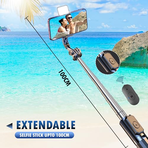 Image of Kratos Upgraded 2026 Selfie Stick Tripod,100CM Length with Light, 3 in 1 Multifunctional Design,Rechargable LED Light with Two Brighness Levels for Make up,Selfie & Photo Shoot with Bluetooth Remote