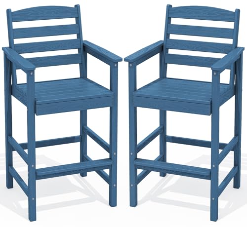 SERWALL Tall Adirondack Chairs Set of 2 Oversize Balcony Adirondack Chairs Set Outdoor Bar Height Barstools Widened Chair Set for Bistro Poolside Garden Blue