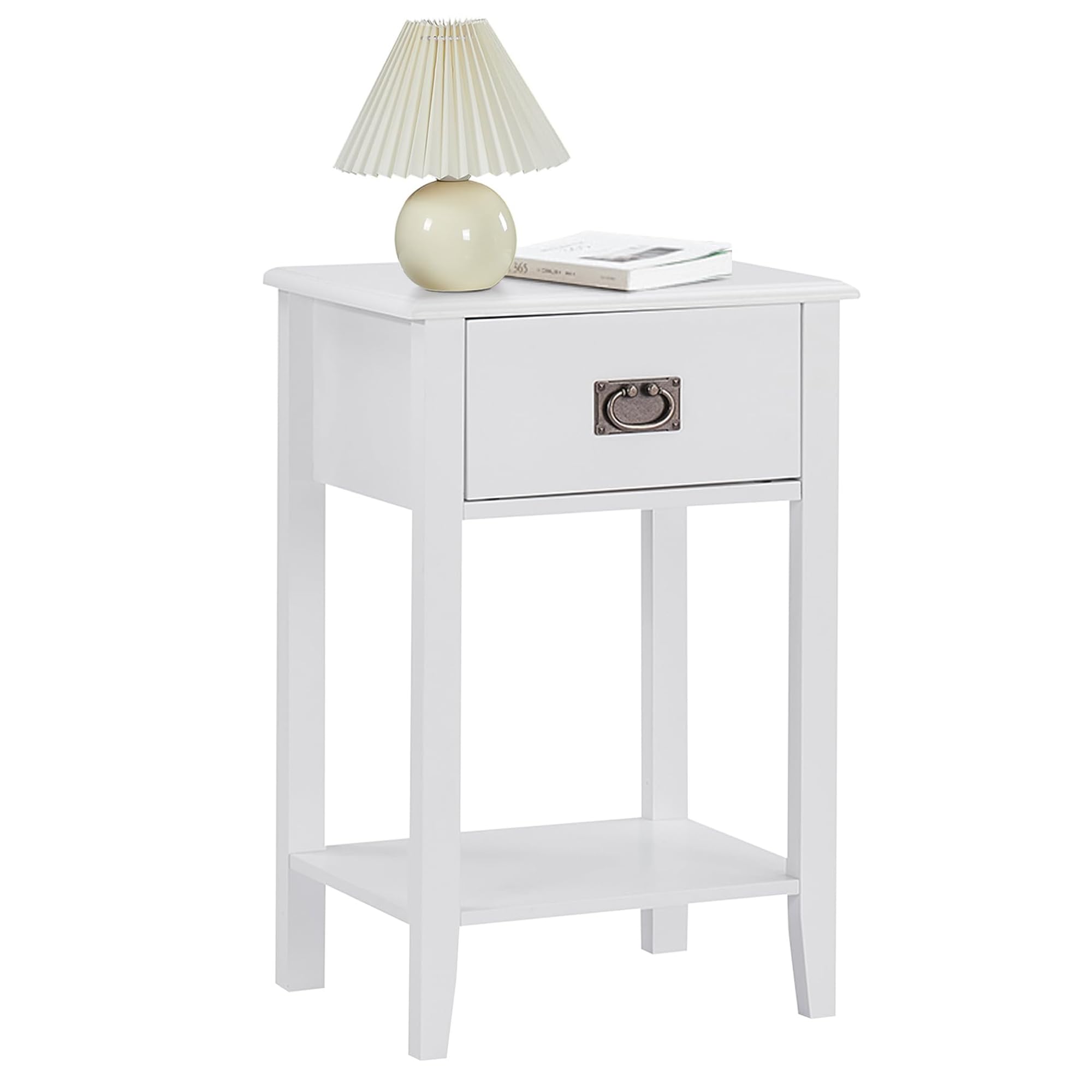 VECELO Bedside Table White with Shelf & Drawer Nightstand for Living Room Bedroom, Engineered Wood, 40x30x60 cm