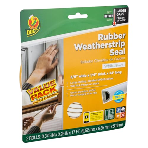 Duck Brand Heavy-Duty Self Adhesive Weatherstrip Seal for Large Gaps, 3/8-Inch Wide x 1/4-Inch Thick x 17-Feet Long, 2 Seals, White (282434)